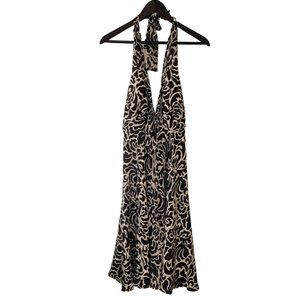White House Black Market 100% Silk Black White Floral Halter Dress Size 4